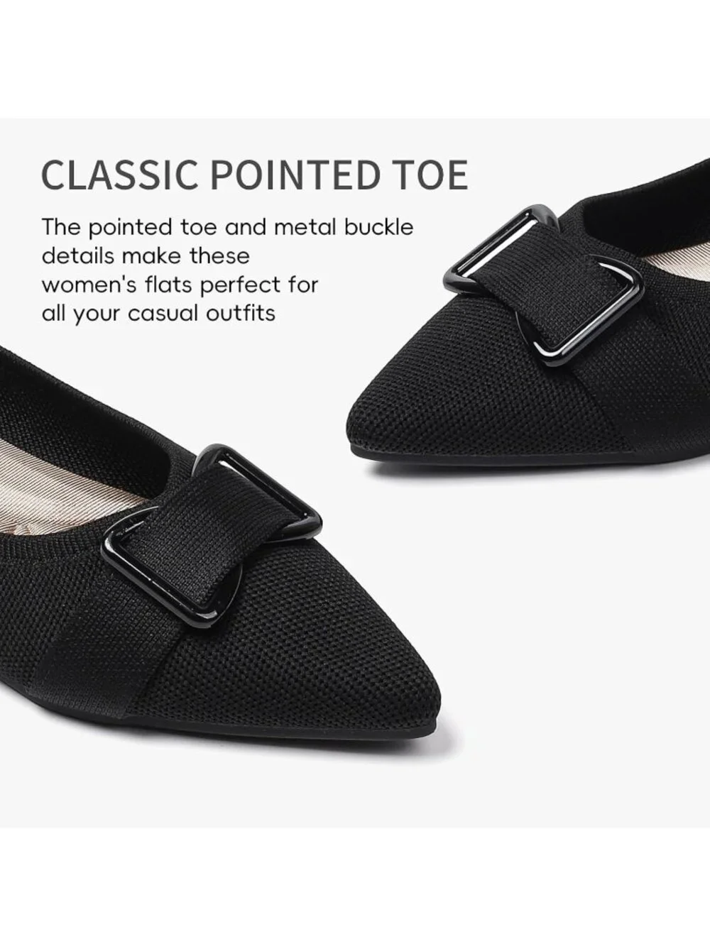 Women's Black Arch Support Dress Pointed Toe Comfortable Knit Ballet Flat Shoes